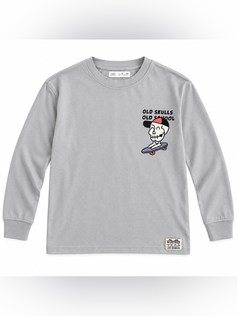 Zara Light Gray Long Sleeve Tee with Skate Skull Graphic